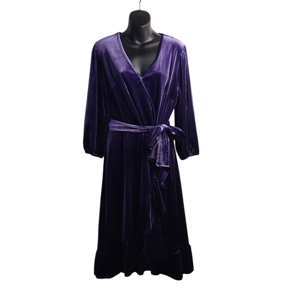 CATO Women's Purple Velvet V-Neck Ruffled Wrap Dress Size Large NWT - Picture 3 of 11